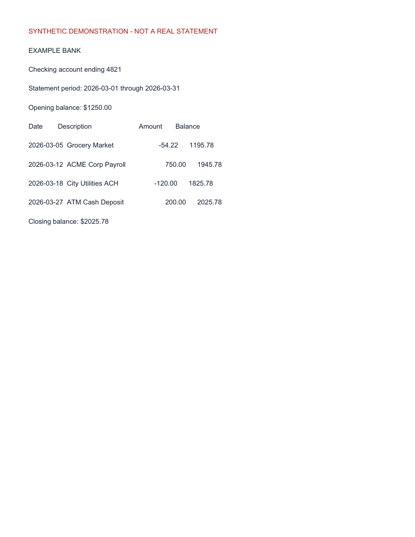 Synthetic Example Bank statement preview