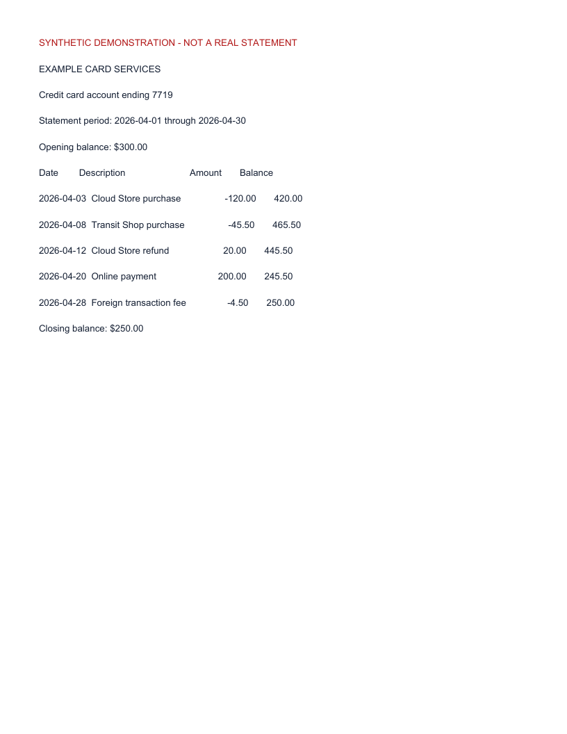 Synthetic credit card statement preview