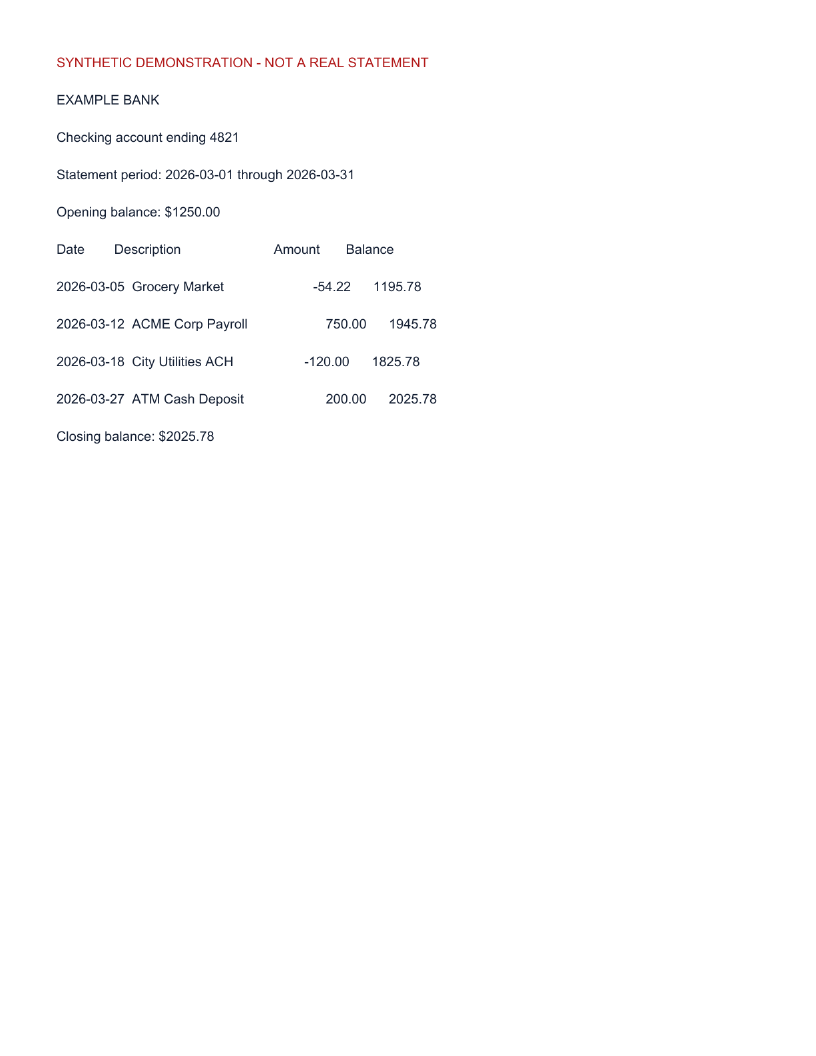 Synthetic scanned bank statement preview